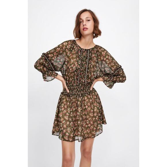 Zara Floral Beaded Smock Peasant Mini Dress Size XS‎ - Picture 1 of 9